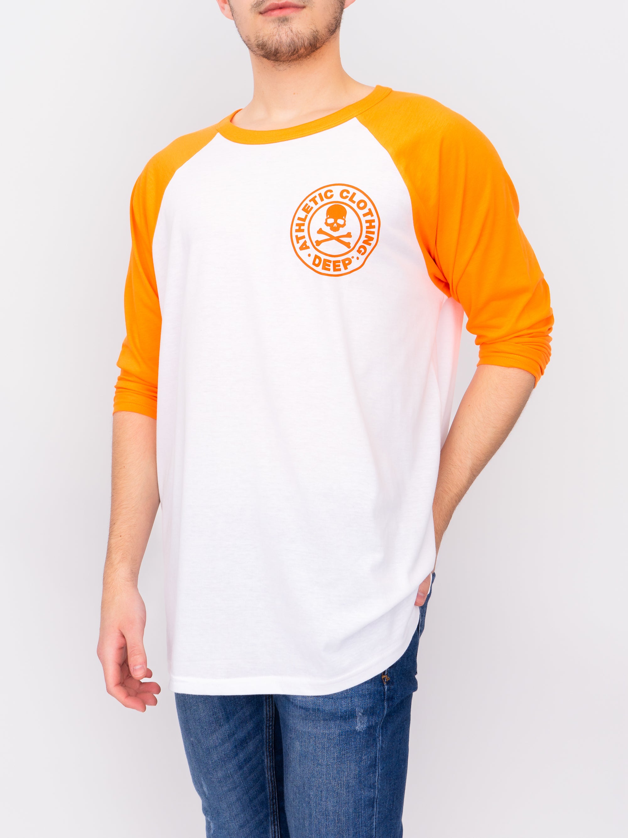Orange and white baseball sales tee